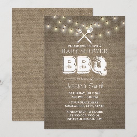Rustic String Lights Burlap BBQ Baby shower Kaart (Voorkant / Achterkant)