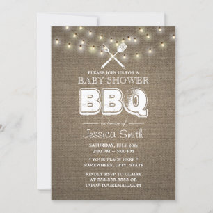 Rustic String Lights Burlap BBQ Baby shower Kaart