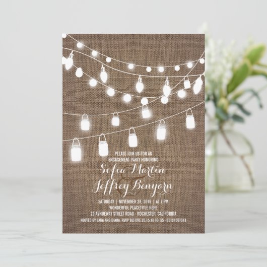 Rustic String Lights Burlap Engagement Party Kaart (Staand voorkant)
