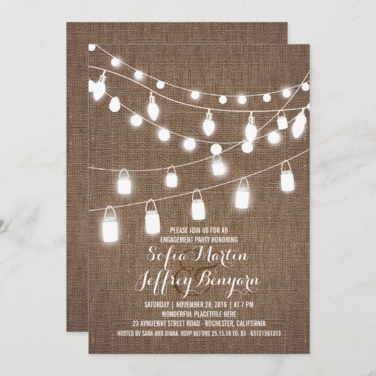 Rustic String Lights Burlap Engagement Party Kaart (Voorkant / Achterkant)