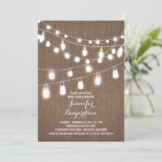 Rustic String Lights Burlap Vrijgezellenfeest Kaart (Staand voorkant)