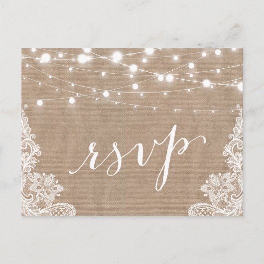 Rustic String Lights Burlap Wedding RSVP Uitnodiging Briefkaart (Voorkant)