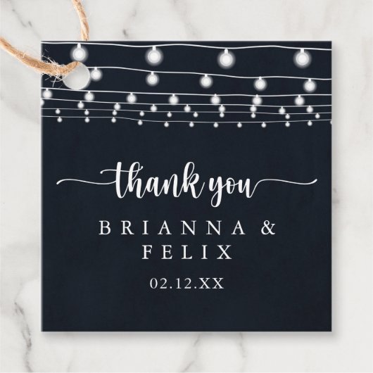 Rustic String Lights Calligraphy Wedding Bedankjes Labels (Voorkant)