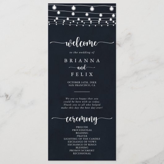 Rustic String Lights Calligraphy Wedding Programme Programmakaart (Voorkant)