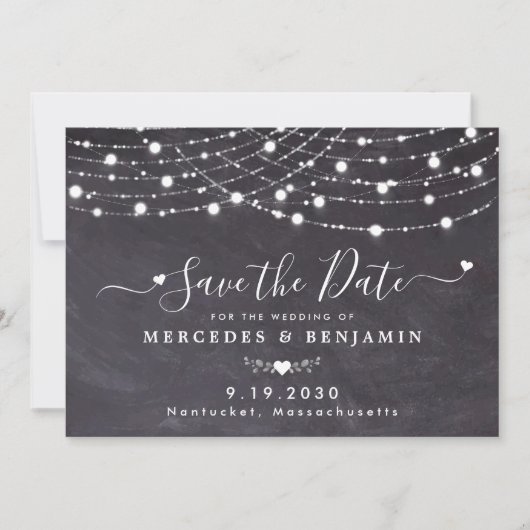 Rustic String Lights Chalkboard Slate Wedding Save The Date (Voorkant)
