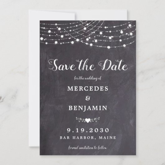 Rustic String Lights Chalkboard Slate Wedding Save The Date (Voorkant)