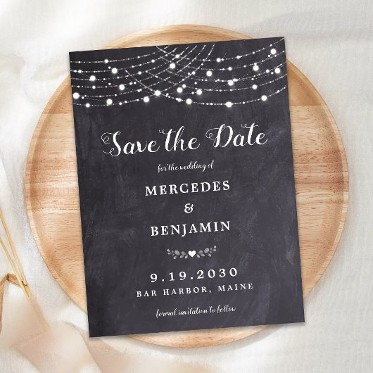 Rustic String Lights Chalkboard Slate Wedding Save Uitnodiging Briefkaart