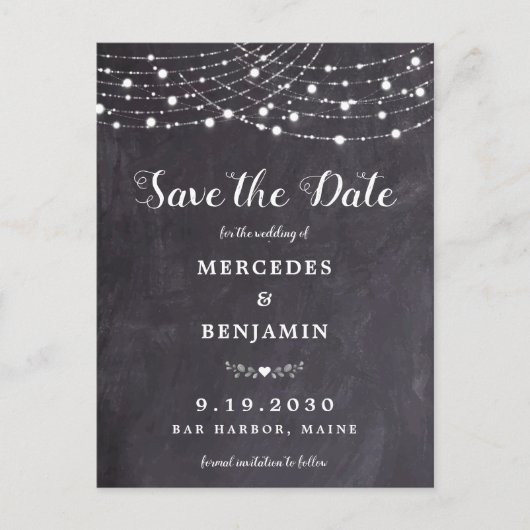 Rustic String Lights Chalkboard Slate Wedding Save Uitnodiging Briefkaart (Voorkant)