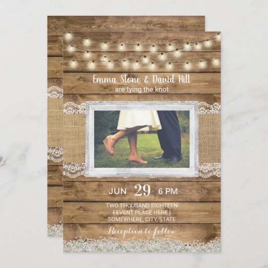 Rustic String Lights Country Weddenfoto Kaart (Voorkant / Achterkant)