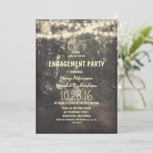Rustic String Lights Engagement Party Kaart (Staand voorkant)