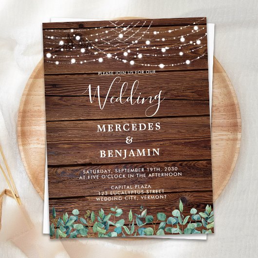 Rustic String Lights Eucalyptus County Wedding Briefkaart