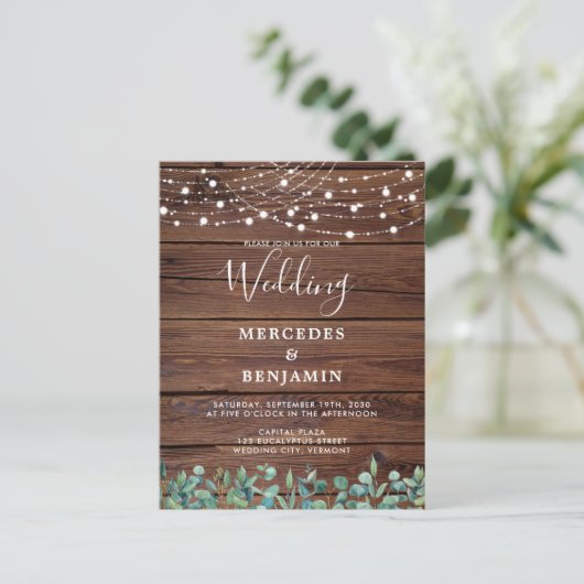 Rustic String Lights Eucalyptus County Wedding Briefkaart (Staand voorkant)