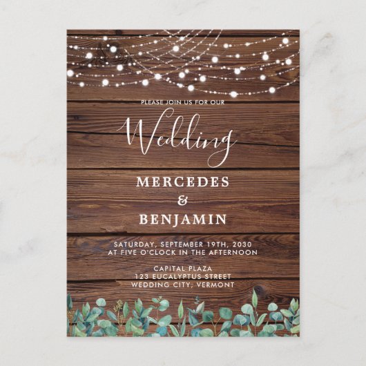 Rustic String Lights Eucalyptus County Wedding Uitnodiging Briefkaart (Voorkant)