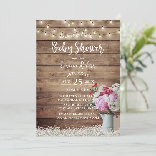 Rustic String Lights & Floral Bouquet Baby shower Kaart (Staand voorkant)
