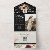 Rustic String Lights Floral Bourgondië Zwart Huwel All In One Uitnodiging (Binnen)