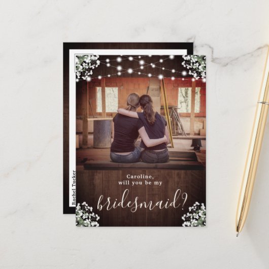 Rustic String Lights Floral Bridesmaid-voorstel Briefkaart (Voorkant / Achterkant in situ)