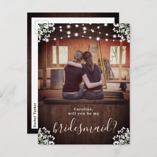 Rustic String Lights Floral Bridesmaid-voorstel Briefkaart (Voorkant / Achterkant)