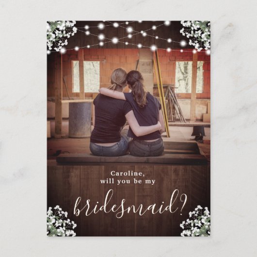 Rustic String Lights Floral Bridesmaid-voorstel Briefkaart (Voorkant)
