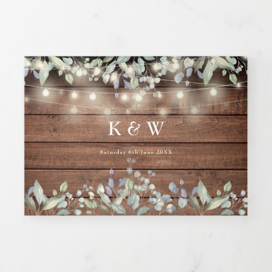 Rustic String Lights Floral Monogram Foto Weddensc Drieluik Uitnodiging (Cover)