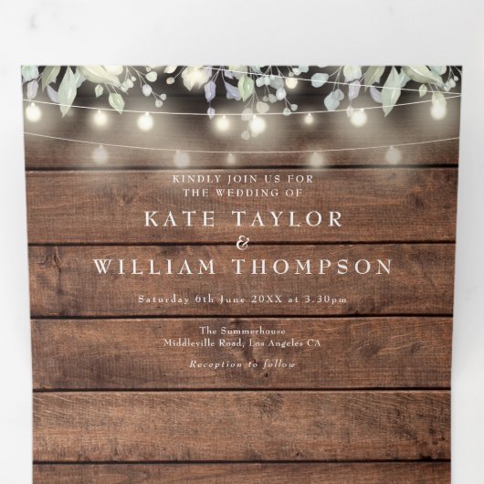 Rustic String Lights Floral Monogram Foto Weddensc Drieluik Uitnodiging (Binnenzijde eerst)