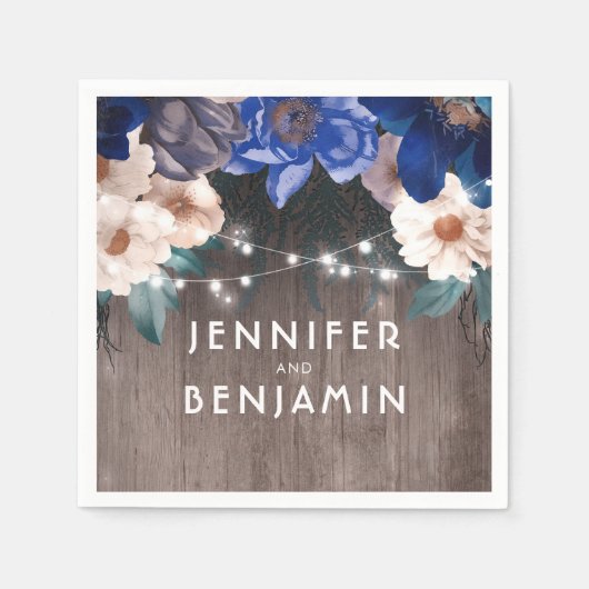 Rustic String Lights Floral Navy en Royal Blue Servet (Voorkant)