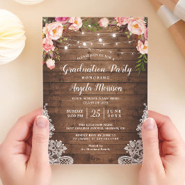 Rustic String Lights Floral Photo Graduparty Kaart