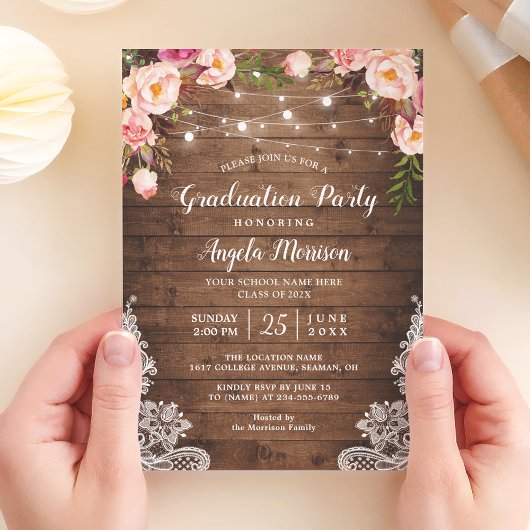 Rustic String Lights Floral Photo Graduparty Kaart