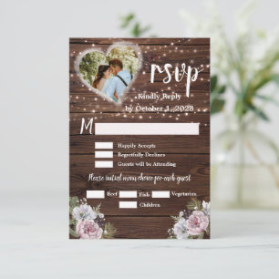 Rustic String Lights Floral Photo Wedding RSVP Kaartje