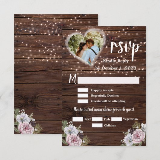 Rustic String Lights Floral Photo Wedding RSVP Kaartje (Voorkant / Achterkant)