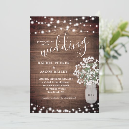 Rustic String Lights & Floral Vase of Babys Breath Kaart (Staand voorkant)