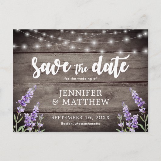 Rustic String Lights Flowers Wedden op de datum Aankondigingskaart (Voorkant)