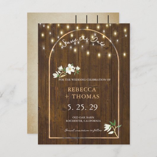 Rustic String Lights Gold Arch Magnolia Aankondigingskaart (Voorkant / Achterkant)