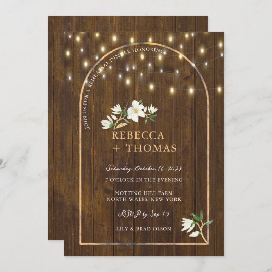 Rustic String Lights Gold Arch Magnolia Rehearsal Kaart (Voorkant / Achterkant)