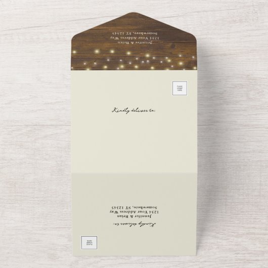 Rustic String Lights Gold Arch Magnolia Wedding All In One Uitnodiging (Buitenkant)