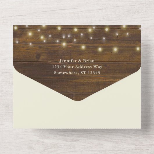 Rustic String Lights Gold Arch Magnolia Wedding All In One Uitnodiging (Achterkant)