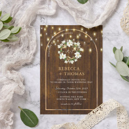 Rustic String Lights Gold Arch Magnolia Wedding Kaart