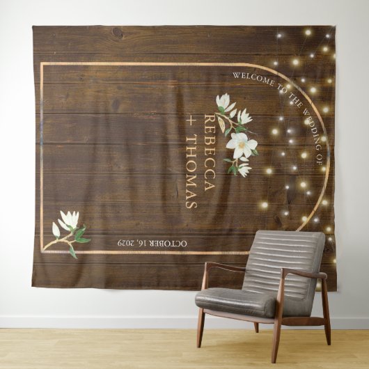 Rustic String Lights Gold Arch Magnolia Wedding Wandkleed (In Situ (horizontaal))