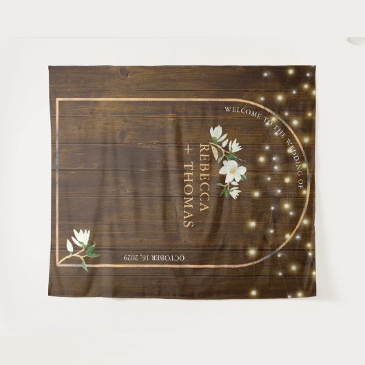 Rustic String Lights Gold Arch Magnolia Wedding Wandkleed (Voorkant (horizontaal))