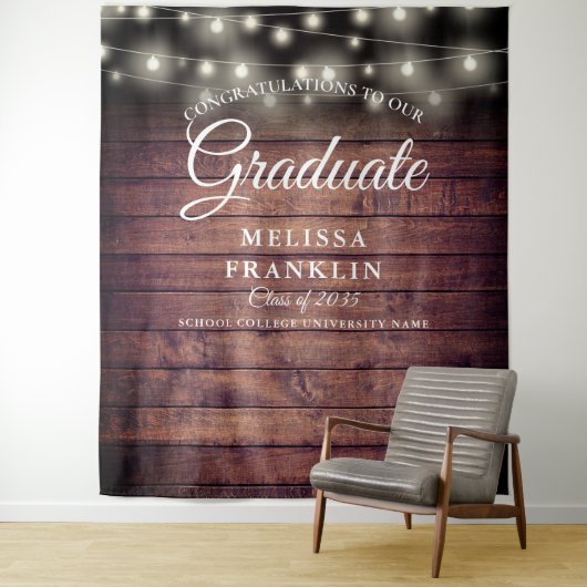 Rustic String Lights Graduation Party Backdrop Wandkleed (In situ)