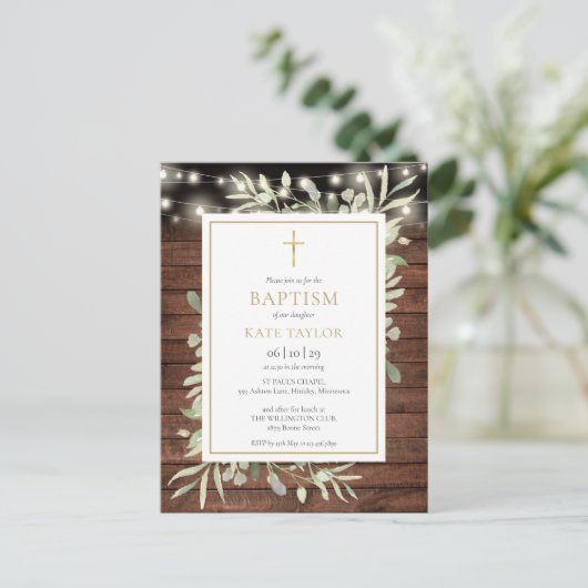 Rustic String Lights Greenery Baptism Invitation Uitnodiging Briefkaart (Staand voorkant)