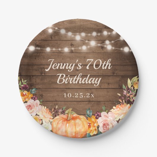 Rustic String Lights Herfst Pumpkin Happy Birthday Papieren Bordje (Voorkant)