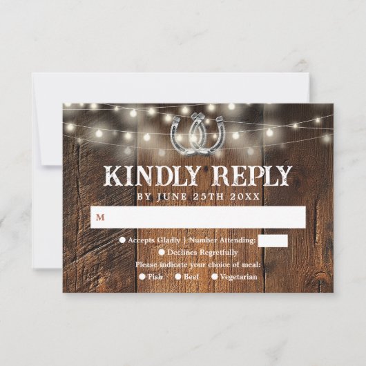 Rustic String Lights Horseshoes Western Wedding RSVP Kaartje (Voorkant)