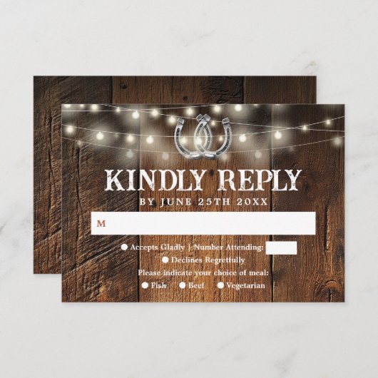 Rustic String Lights Horseshoes Western Wedding RSVP Kaartje (Voorkant / Achterkant)