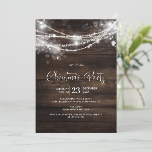 Rustic String Lights Hout Kerstfeest Kaart (Staand voorkant)