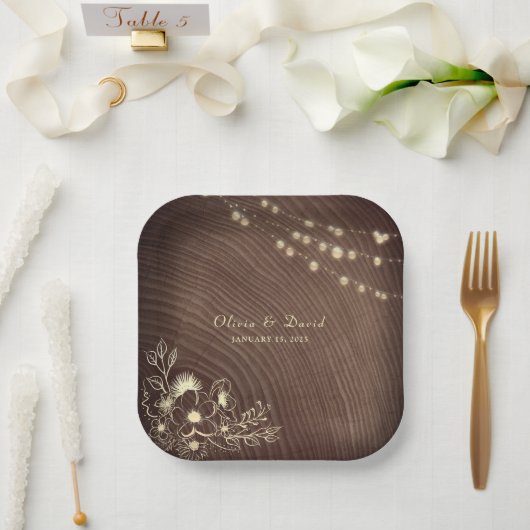 Rustic String Lights Hout Trouwpapier Bord (Huwelijk)