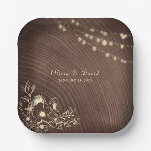 Rustic String Lights Hout Trouwpapier Bord (Voorkant)