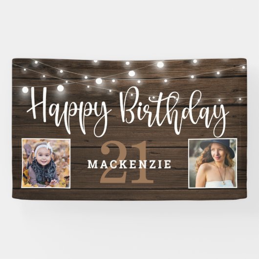 Rustic String Lights Hout Verjaardagsfoto Spandoek (Horizontaal)