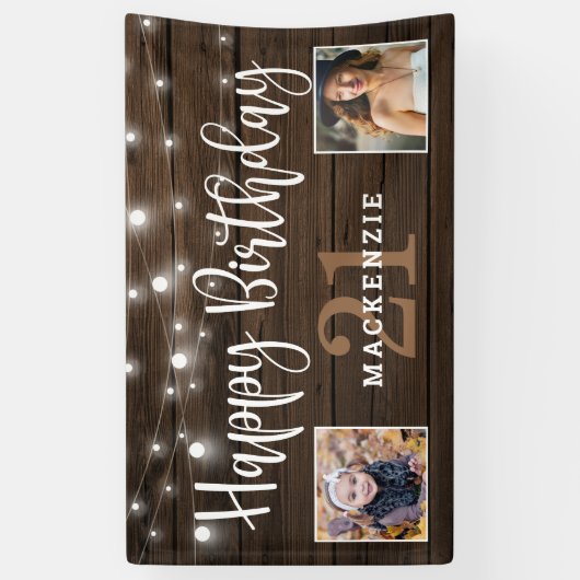 Rustic String Lights Hout Verjaardagsfoto Spandoek (Verticaal)