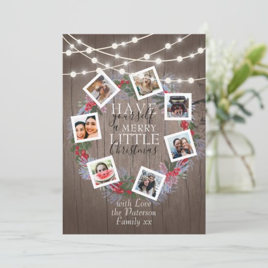 Rustic String Lights Kerstmis 7 Foto Feestdagenkaart (Staand voorkant)