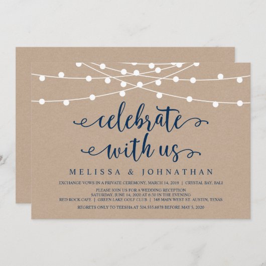 Rustic String Lights, Kraft Navy Blue, Elopement Kaart (Voorkant / Achterkant)